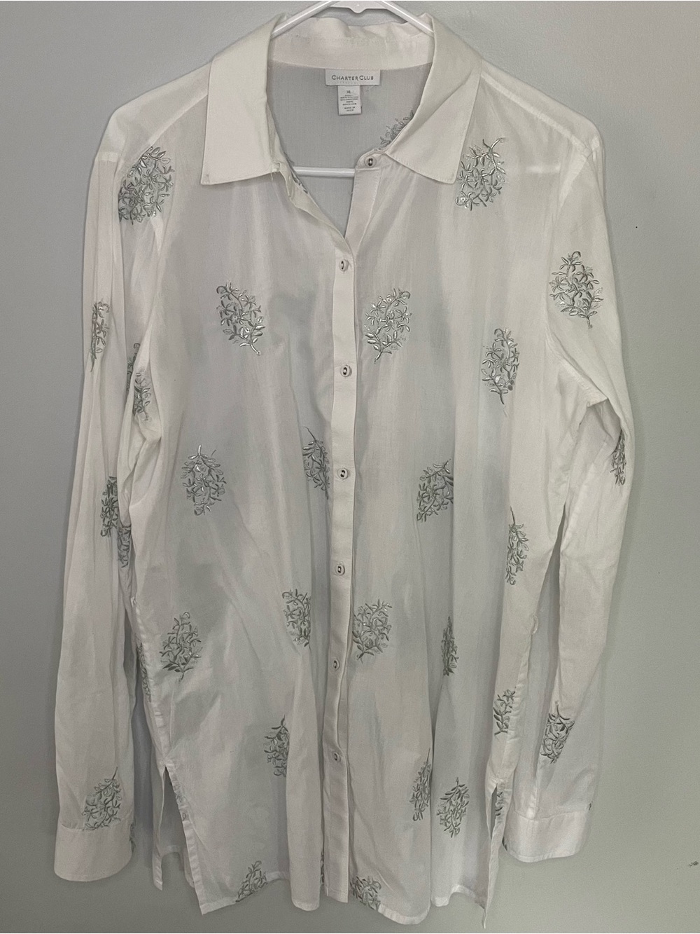Charter Club White Women's Button-Up Shirt with Subtle Grey Shine Print